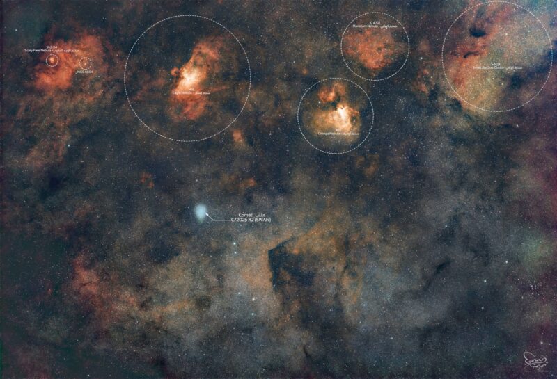 Пет наранџастих магловитих мрља и један зелени облак гаса са хиљадама звезда у првом плану.