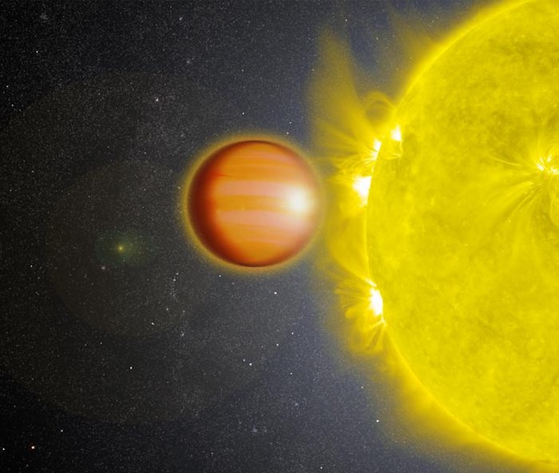 3D temperature map of exoplanet: Large planet with bands in its atmosphere, next to a large, bright yellowish sun with flares on its surface.