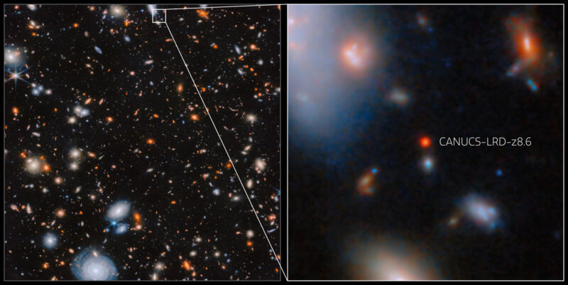 At left is a dense field of galaxies, at right is a closeup showing one bright red dot.