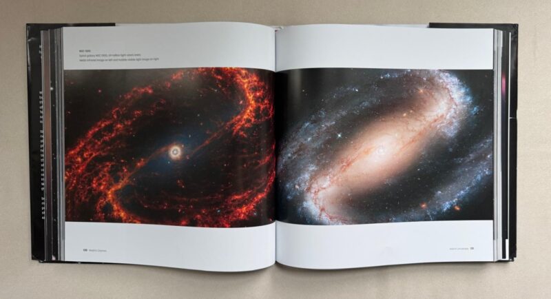 An open book with pictures of galaxies in different colors on facing pages.