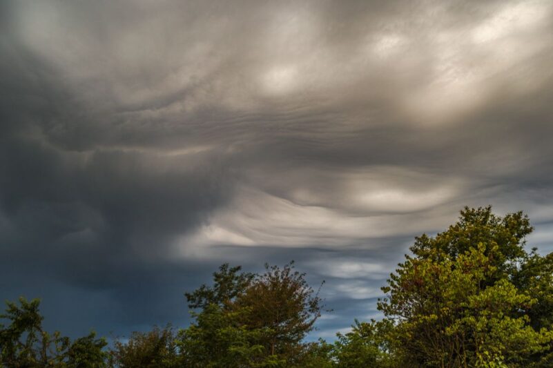 Dark, wavy clouds with some trees at bottom.