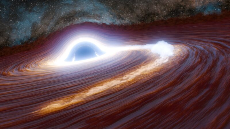 Artwork of a black hole with a dark spot and white around it plus a disk with a bright bulge in one spot.