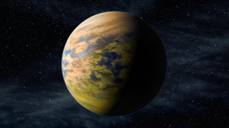 Colorful life on exoplanets: Planet mostly covered in band of green and brown clouds, with some ocean peeking through.