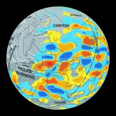 Rotating ball, representing Mars, with red and blue patches on its surface.