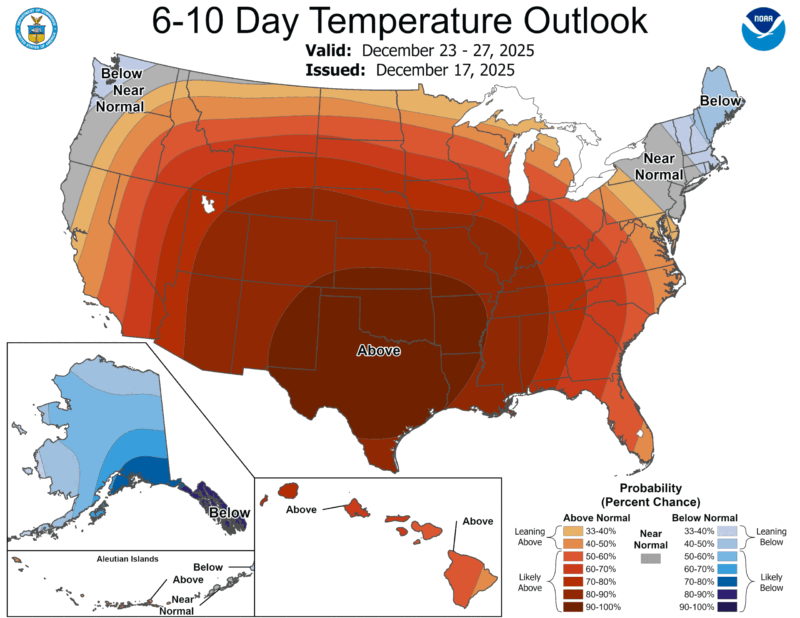 A view of the US with warm colors ranging from maroon over Texas and lighter bands to the north.