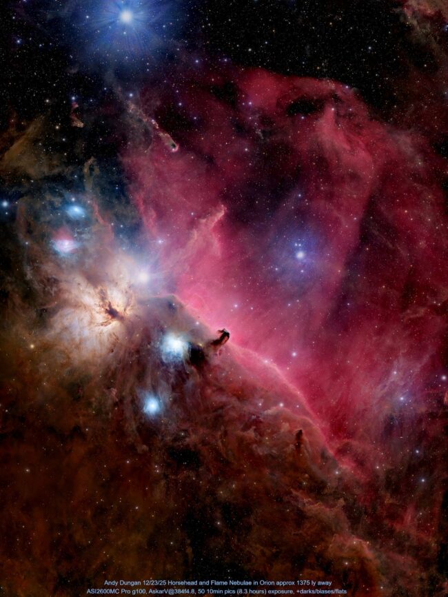 A large complex of reddish nebulosity, with small dark area resembling the head of a horse.