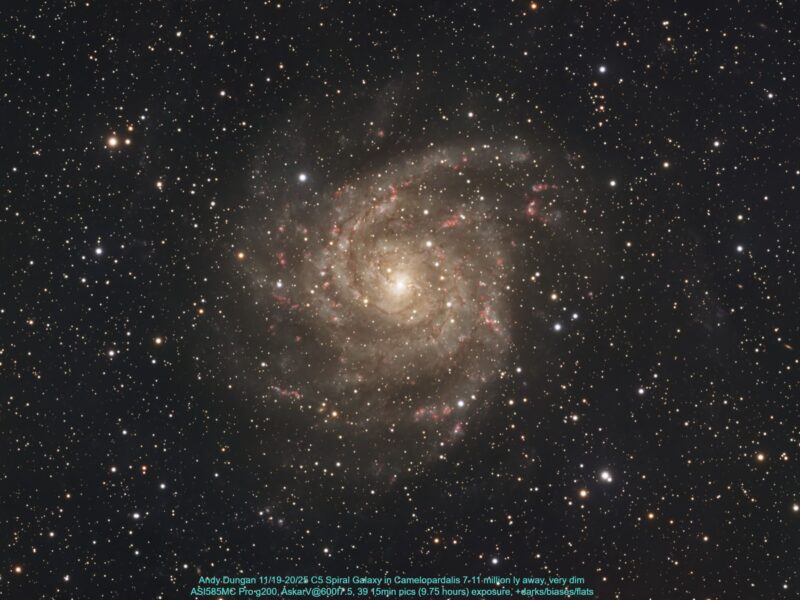 A face-on yellowish spiral with numerous foreground stars.