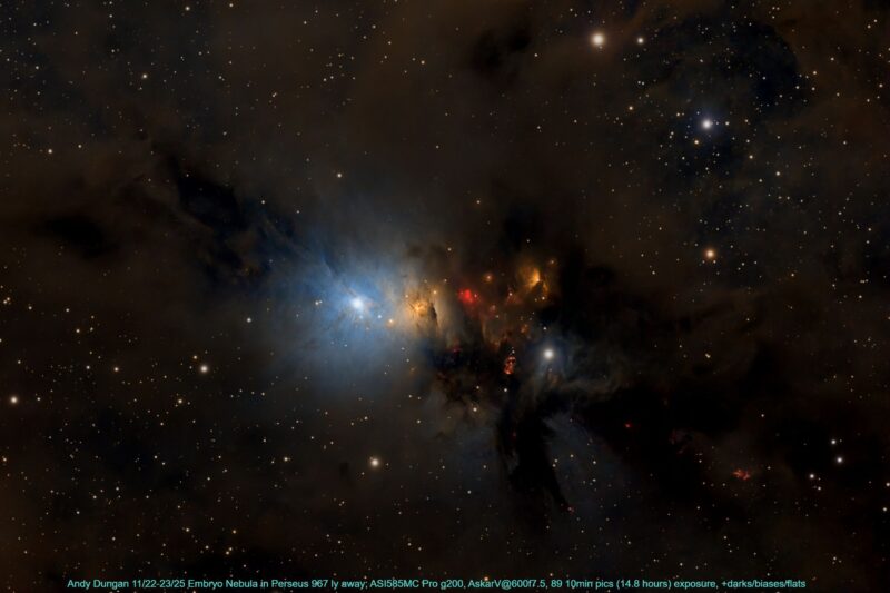 A complex swirl of blue, yellow and red nebulosity with numerous background stars.