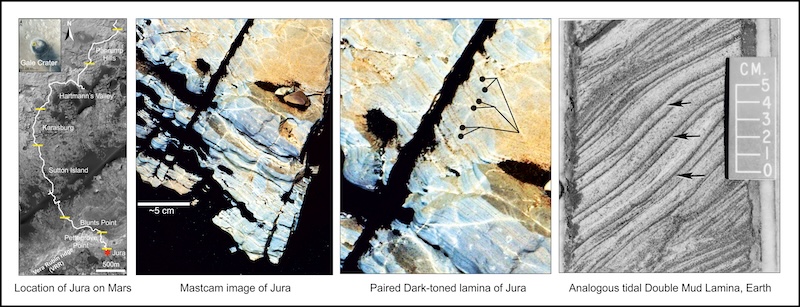 4 panels, 1 showing a route map and 3 with closeup views of thin layers in rock.