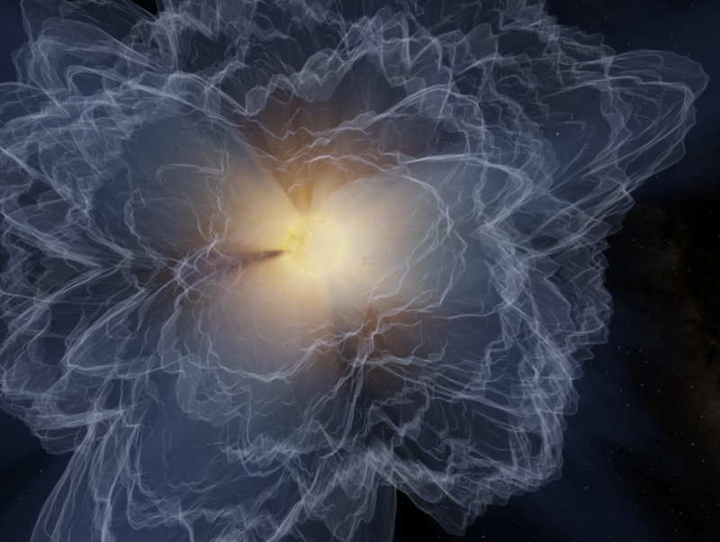 1st map of the sun's outer boundary: Artist's painting of sun with curvy lines emanating outward from it.