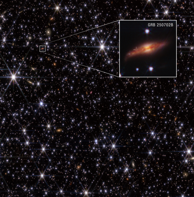 A dense star field with a closer, oblique view of an orangish galaxy with a bright center.