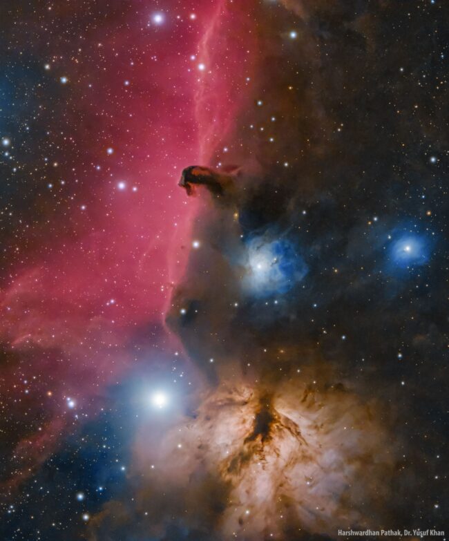 A dark horse-shaped indentation over a large area of mostly red nebulosity and thousands of immersed stars.