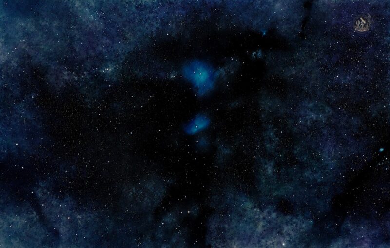 Two small clouds of blue gas, surrounded by a large area of fainter blue gas and numerous stars.
