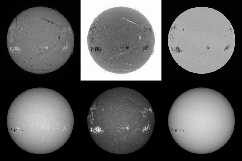 The sun, seen as six gray spheres.