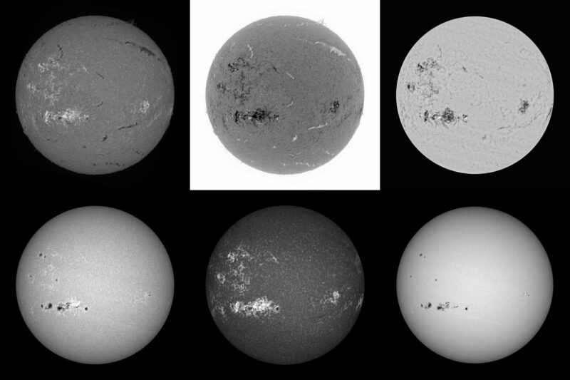 The sun, seen as six gray spheres.