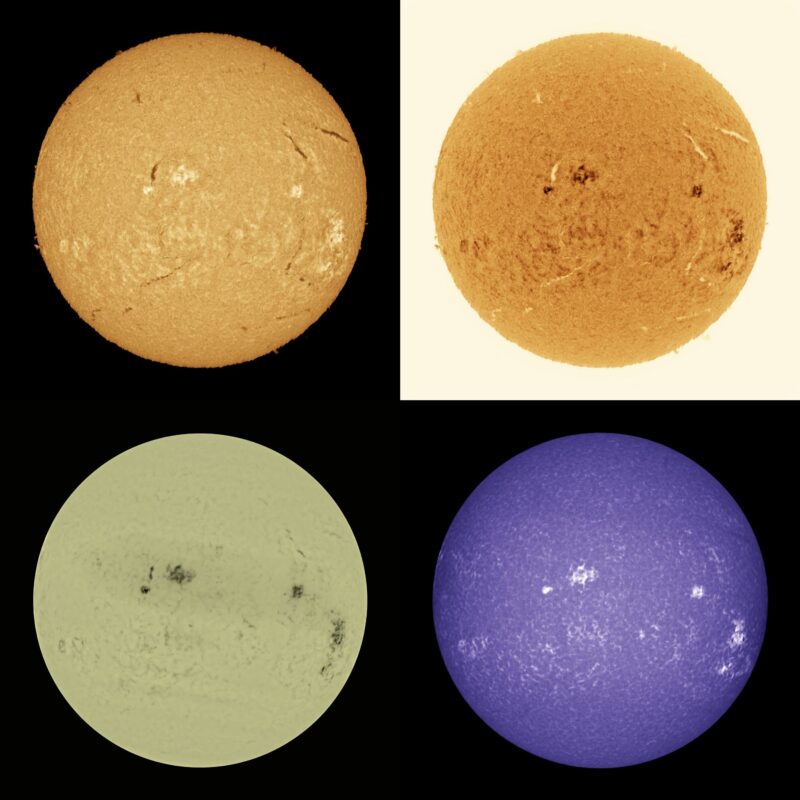 The sun, seen as four spheres in different bright colors.