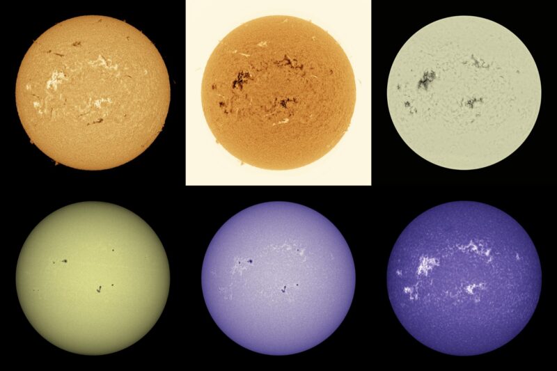 The sun, seen as six spheres in different bright colors.
