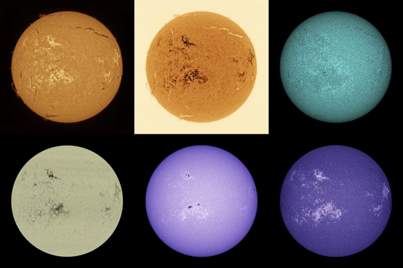 The sun, seen as six spheres in different bright colors.