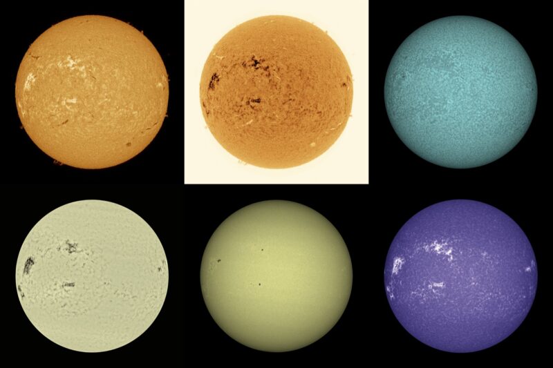 The sun, seen as six spheres in different bright colors.