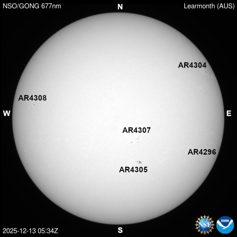 The sun, seen as a large white sphere with dark spots, each labeled.