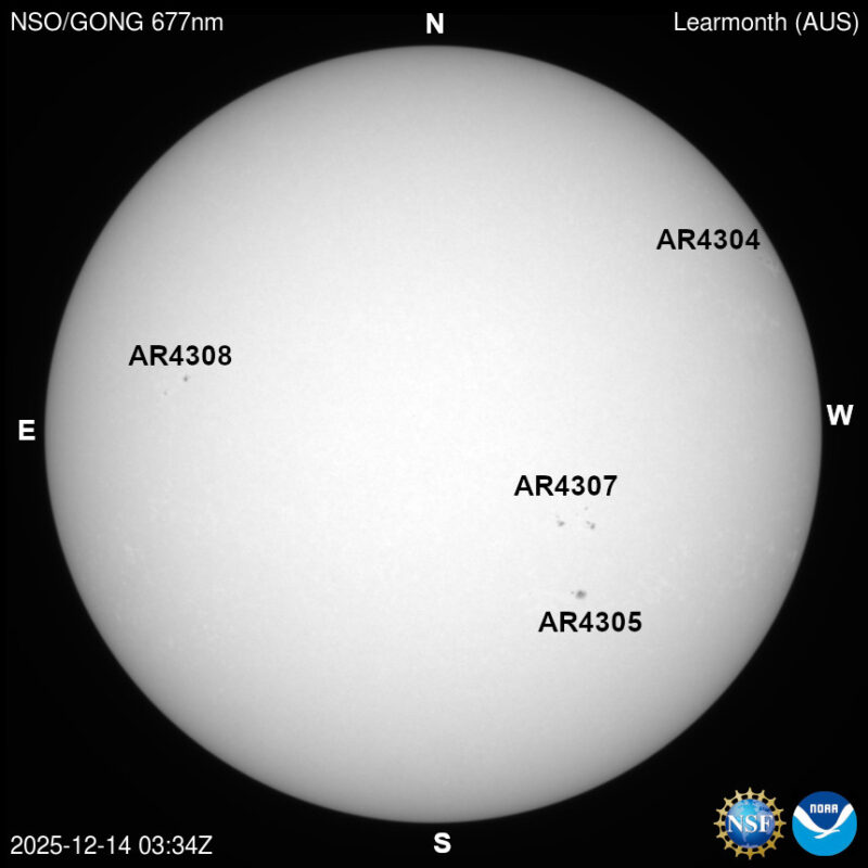 The sun, seen as a large white sphere with dark spots, each labeled.