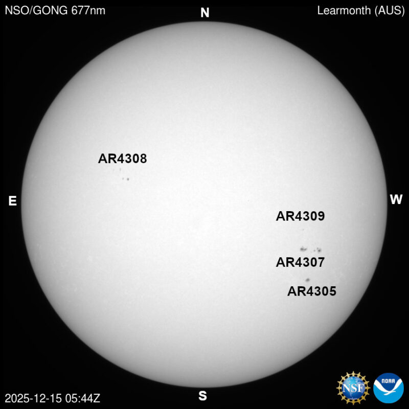 The sun, seen as a large white sphere with dark spots, each labeled.