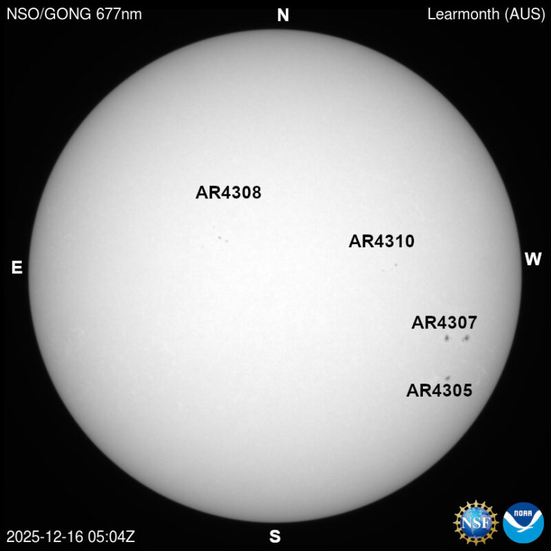 The sun, seen as a large white sphere with dark spots, each labeled.