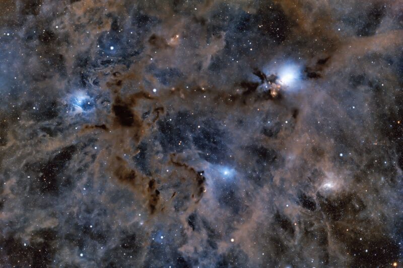 A complex structure of blue and brown gas overlaid with dark nebulae, with numerous background stars.