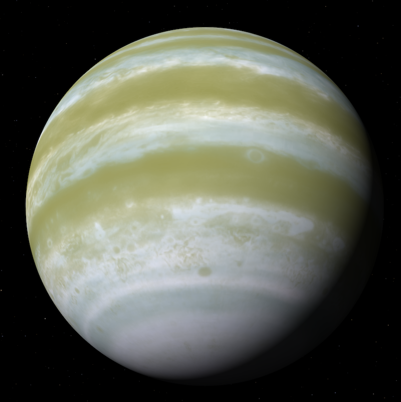 Ocean on exoplanet TOI-270 d: Large gaseous planet with brown and whitish bands of clouds.