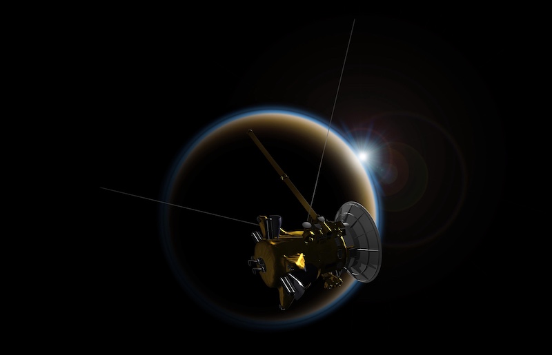 Ocean on Titan: Spacecraft in front of an orangish planet or moon, with a sun in the distance.