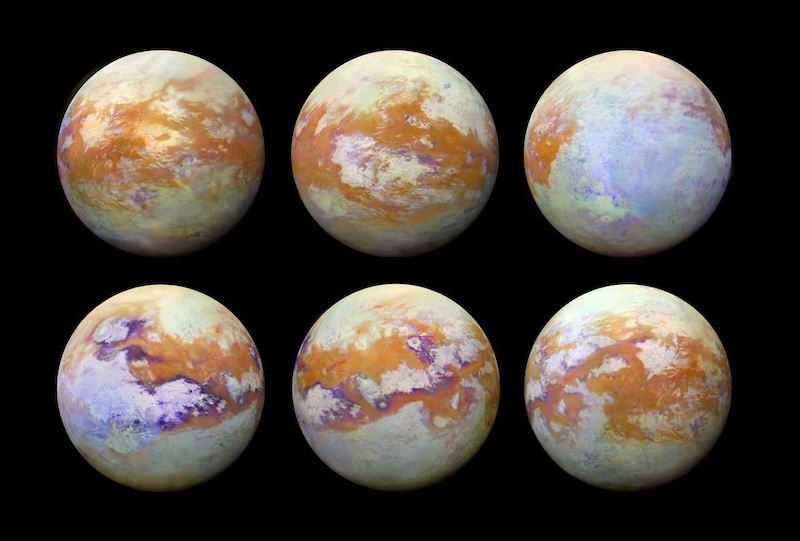 6 views of a planet or moon showing varied colorful patterns and textures on the surface, on black background.
