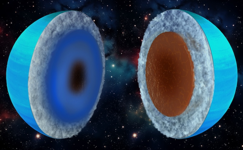 Уран и Нептун: 2 изрезана погледа на плавичасту планету. Једна приказује углавном ледену унутрашњост, а друга углавном унутрашњост од стена.