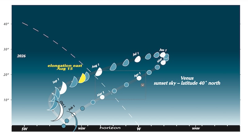 Diagram: Arced path of Venus over the horizon, phases showing, with dates beside them.