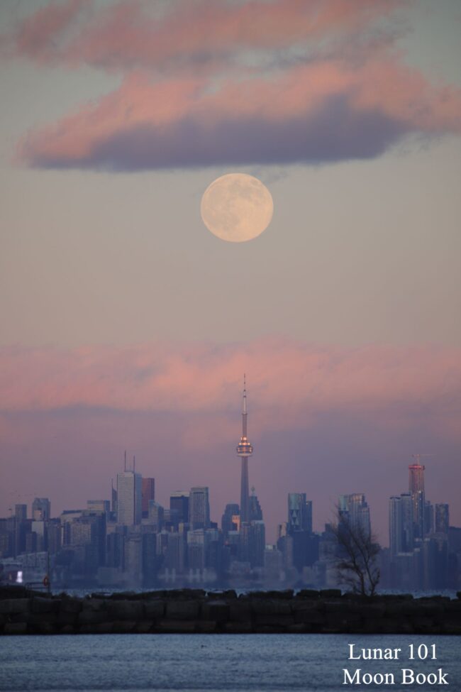 Full moon in a pink sky, over a city skyline.