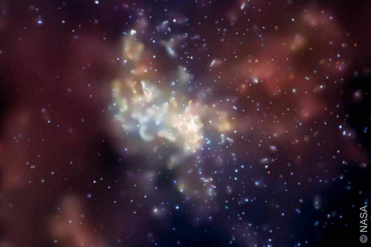 Fuzzy bright areas clustered together in space with nebulae surrounding them, and many foreground stars.