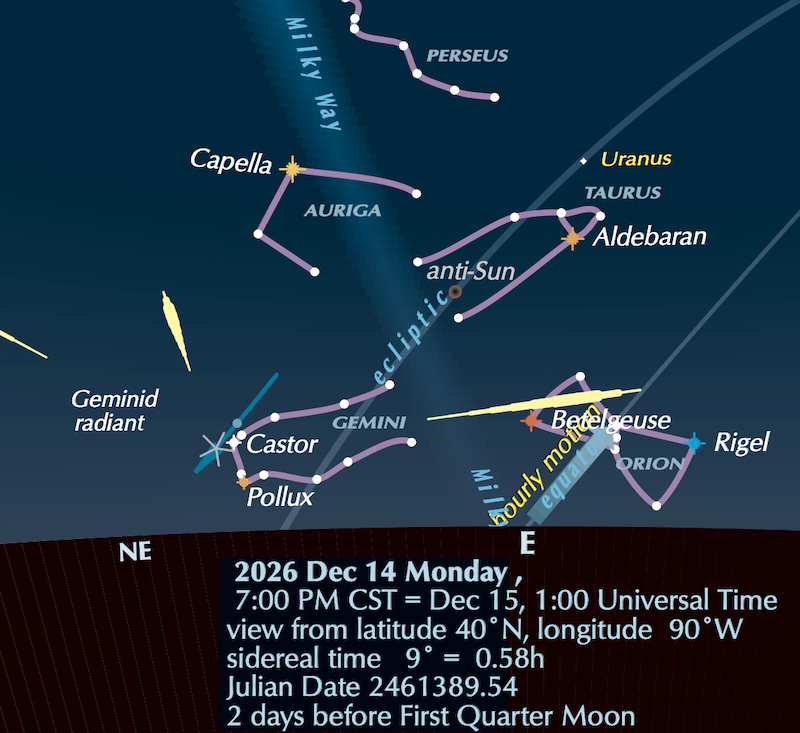 Diagram: Gemini, Orion, Taurus, and Auriga above the horizon with a meteors streaking away from Gemini, with explanatory text.
