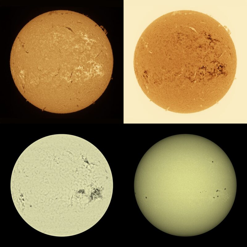 The sun, seen as four spheres in different bright colors.