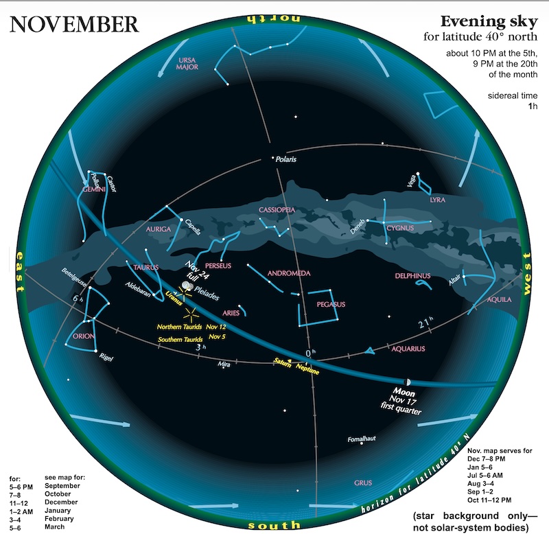 Circle constellations, planets, the moon, the Milky Way and celestial lines.