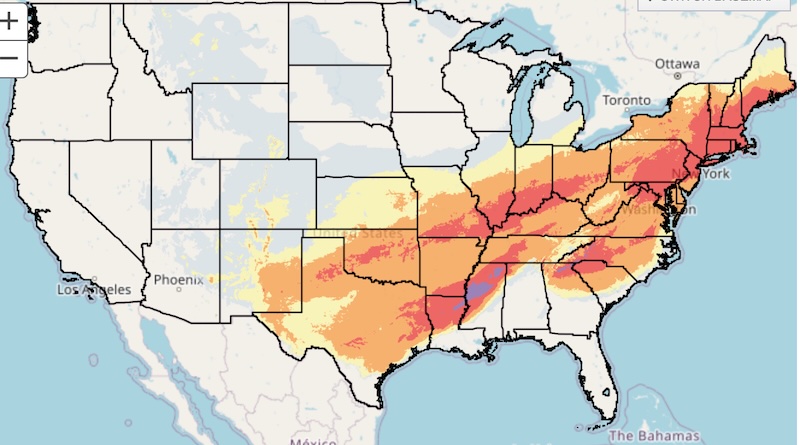 Map of US with much of Texas through the south up to Maine in red and orange.