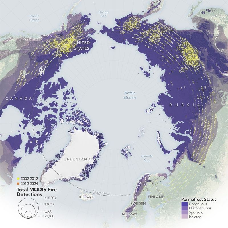 Map centered on the north polar regions with hundreds of yellow circles on purple land.