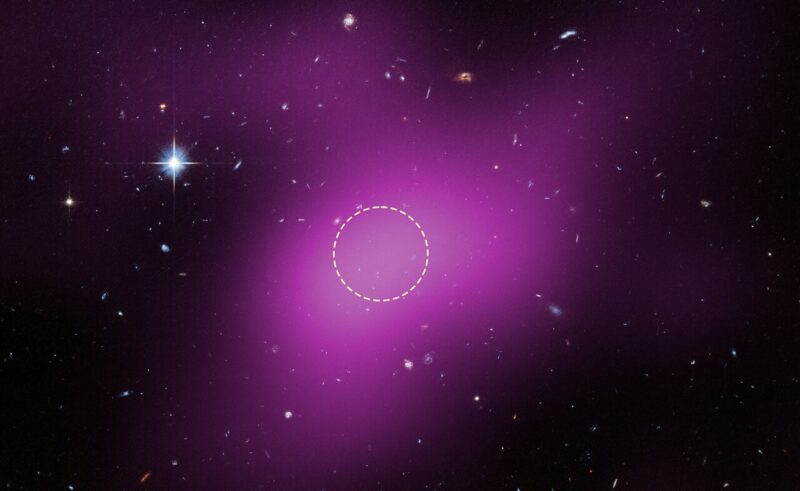 Cloud-9: A purplish glow with a dotted circle near the center of the concentration on a background of galaxies.
