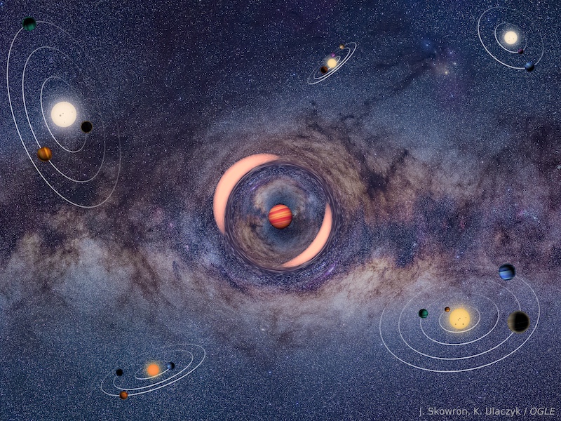 Saturn-mass rogue planet: A Jupiter-like planet is in the middle of the image. It is surrounded by a