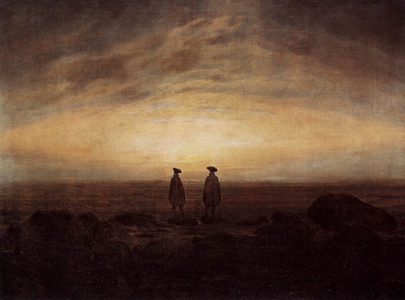 Gloomy, dark sky over dark land and sea with 2 silhouetted men looking over the horizon.