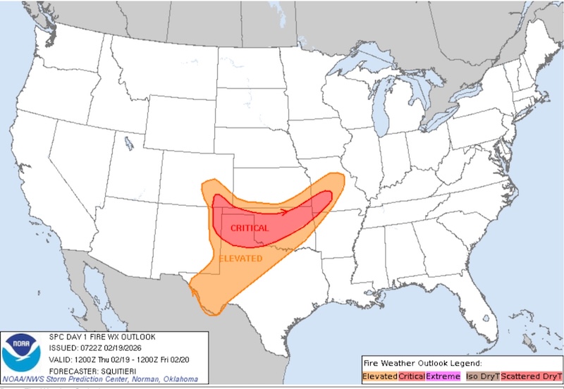 Fire weather: Map of the US with orange and red areas in Texas and Oklahoma, and into bordering states.