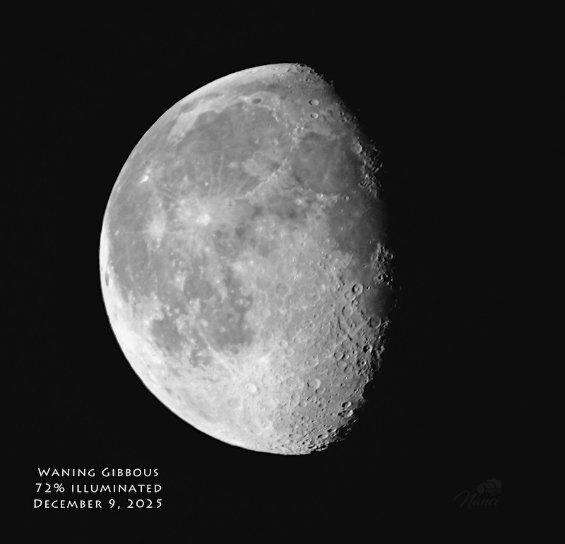 A 72% illuminated waning gibbous moon against a dark sky.