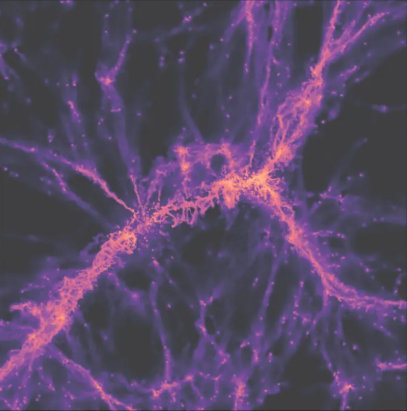 Purple filament with pink at the central, densest areas on a black background.