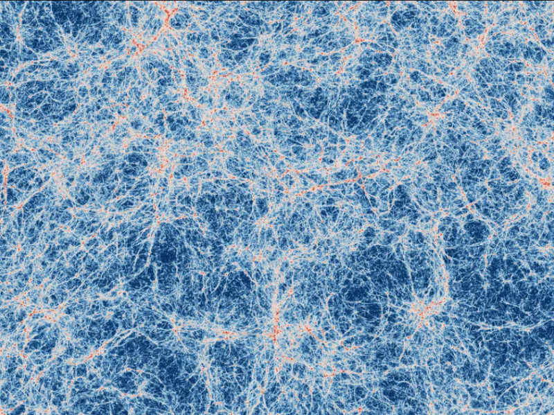 Dark blue background with threads of white clumping to red at greatest concentration, creating a thick, messy web.