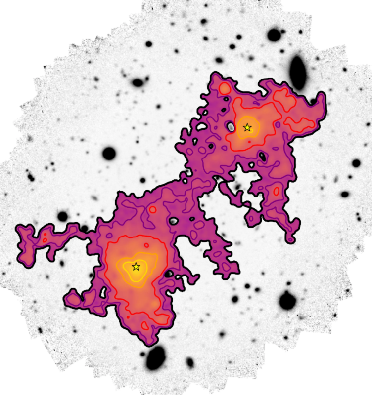 Clumps of color, with yellow at the center and purple in the periphery, with 2 central stars and a white and black background.