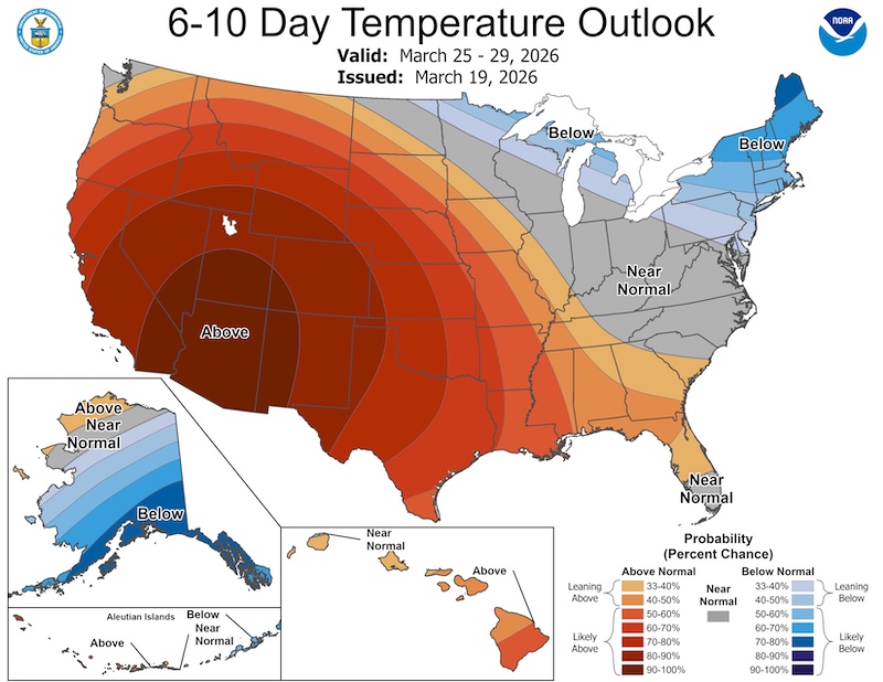 Map of the US with heat areas marked, hottest part in the southwest and going up to the northern tier of states.