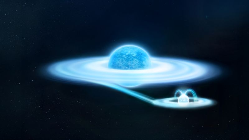 A light blue sphere with a large disk around it siphoning off to a smaller sphere with disk and fountain.